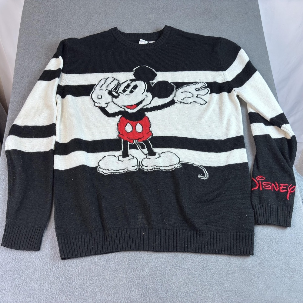 Disney Mickey Mouse Sweater Mens Large Black White Striped Crewneck Knit Graphic